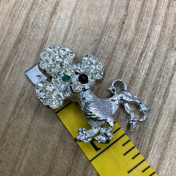 Poodle Rhinestone Vintage Silver Tone Green Eyes Pin Brooch - Picture 5 of 5